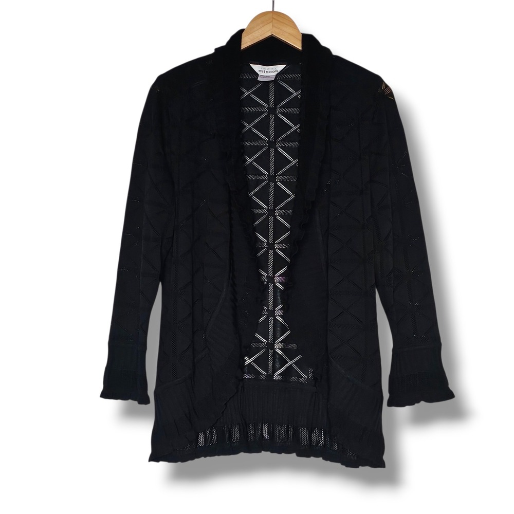 Misook Cardigan L Womens Black Open Front Ruffle Lightweight Quiet Luxury Dressy